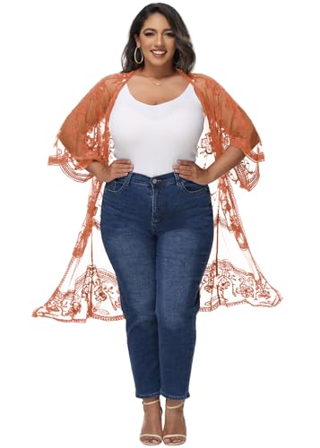 Image of Anna-Kaci Women's Plus Size Lace Cardigan Embroidered Long Kimono Dusters with Half Sleeves