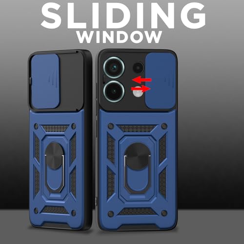 Image of Outlouders Back Cover for Redmi Note 13 Pro 5G / Poco X6 5G | D10 Tough Armor 360 Protection Case with Sliding Camera Shield & Ring Holder Stand Bumper Case (Blue)