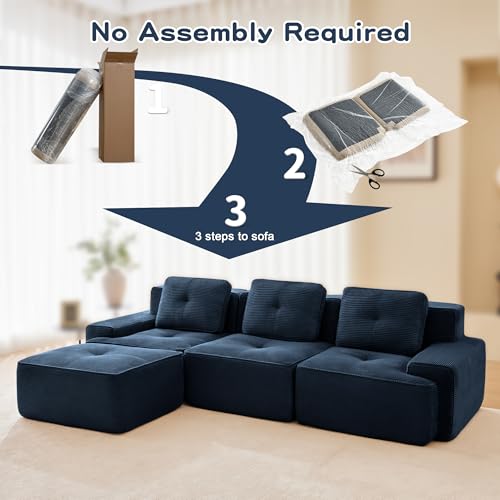 Image of 117 inch L-Shaped 3-Seater Modular Boneless Couch with Ottoman, Soft Corduroy Cloud sectional Sofa, Deep Seat Ergonomic Design, No Assembly Anti-Slip Sofa for Living Room, Blue