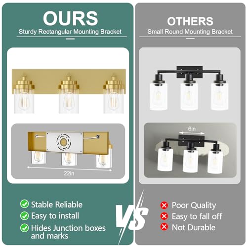 Image of IZORRO Bathroom Vanity Light Fixture, 3-Light 22 Inch Gold Bathroom Light Fixtures Over Mirror, with Clear Glass Shade, Modern Farmhouse Vanity Lights, Rustic Restroom Lighting Fixtures