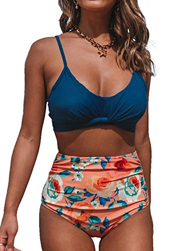 Ferbia Women Strappy Bikini Set Floral High Waisted Ruched Swimsuits 2 Piece Bandage High Rise Swimwear Navy