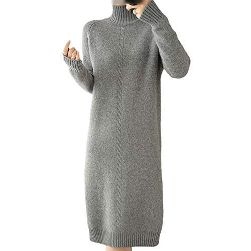 Robe pull femme laine chaude col roulé tricot hiver long genou gris XL