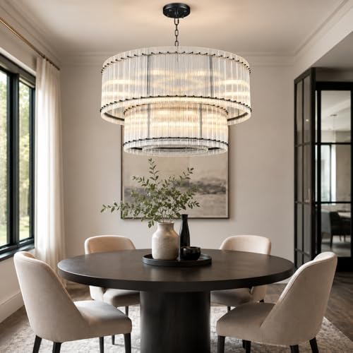 Image of 48-Inch Ripple Glass Chandelier, 3-Tier 20-Light Large Black Round Chandelier for Dining Rooms, Living Rooms, Foyers, Staircases, Open-Concept Spaces & High Ceilings