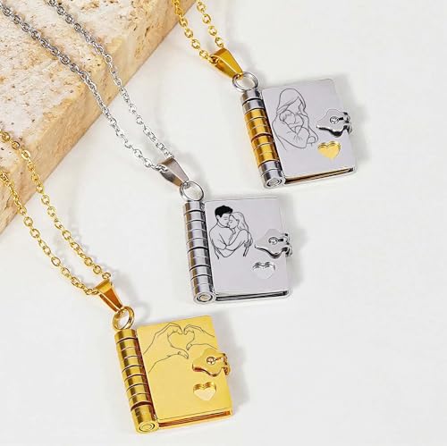 Custom Book Necklace,Personalized Mini Book Locket Necklace Engraved Name and Messages,Book Pendant with 6 Pages of Engraved Information,Openable Multi Layer Jewelr Memory Necklace for Daughter4