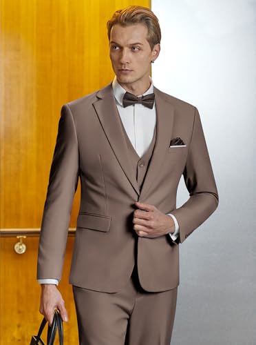 Image of WULFUL Men's Slim Fit Suit One Button 3-Piece Blazer Dress Business Wedding Party Jacket Vest & Pant