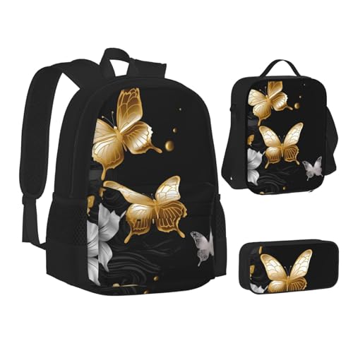 Sac à dos papillons design noir et doré taille unique 3 pièces
