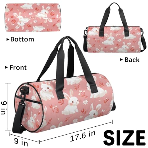 Rabbits Round Barrel Sports Fitness Bag, Pink Travel Luggage Bag, Reusable Handbag, Suitable For Men and Women3