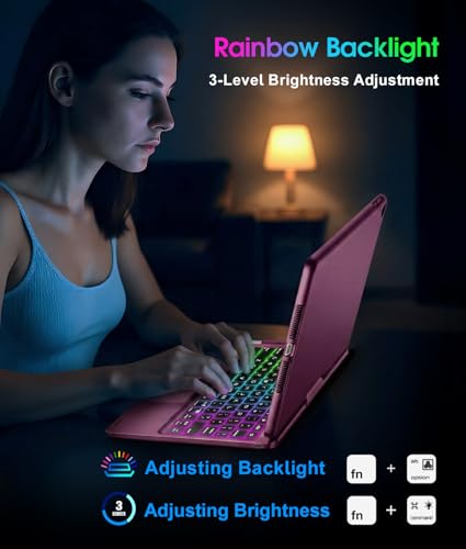 Image of Baisla iPad 9th Generation Case with Keyboard 10.2 inch (2021), 360 Rotatable with Trackpad & Rainbow Backlit, iPad Keyboard case for 9th /8th /7th, iPad Air 3, iPad Pro 10.5 (Raspberry)
