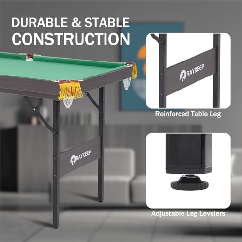 Image of RAYKEEP 4.5Ft /6Ft Foldable Pool Table, Portable Folding Billiard Table for Kids and Adults, Indoor Pool Arcade Game Table w / 2 Cue Sticks, Ball Set for Family Game Rooms