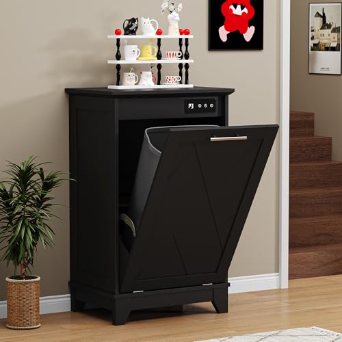 Image of Single Tilt Out Trash Can Cabinet with Negative Ion Odor Control, Hidden 10-Gallon Recycling Cabinet, Dog Proof Garbage Can for Kitchen, Laundry, Dining Room, Black