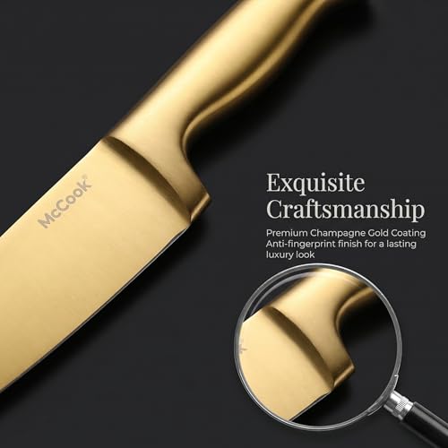 Image of McCook Knife Sets, Golden Titanium Stainless Steel Kitchen Knife Block Sets with Built-in Sharpener, 15 Piece Knives, Restaurant Grade Sharp, Elegant Gold & Stylish Wooden Block for Modern Culinary