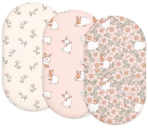 Image of Bassinet Sheets for Baby Girls Boys 3 Pack, Fitted Baby Mattress Sheet for Rectangle, Oval, Hourglass Bassinet Mattress, Breathable Cozy & Universal Fit (Blush Bunny, Bassinet Sheet)