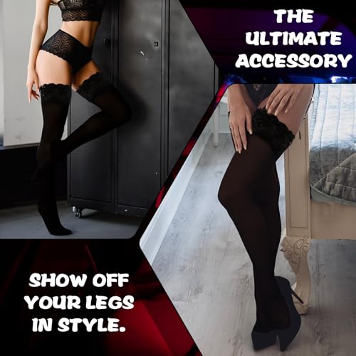 Image of LLOUSSAK Black Thigh High Stockings for Women, Plus Size Sheer Black Thigh Highs Pantyhose, Black TightsPantyhose for Women, Knee High Stockings for Women, Lace Top Thigh High Stockings