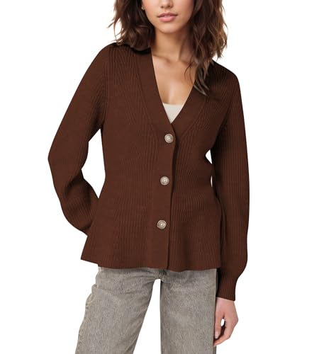 Image of BAIGRAM Women Button Up V Neck Peplum Cardigan Sweaters Puff Sleeve Ribbed Knit Cardigans Business Casual Work Outfits