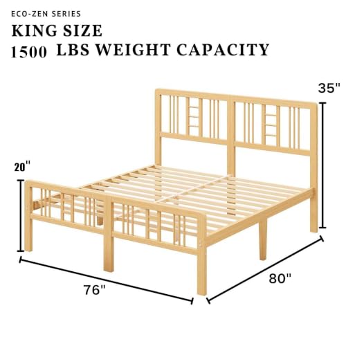 Image of ZIYOO 14 Inch King Bamboo Bed Frame with Headboard, Modern Minimalist | Solid Bamboo,Solid Wood, Platform Bed Frame with Headboard & Footboard, No Squeaks, Fits Bedrooms, Guest Rooms, Hotels