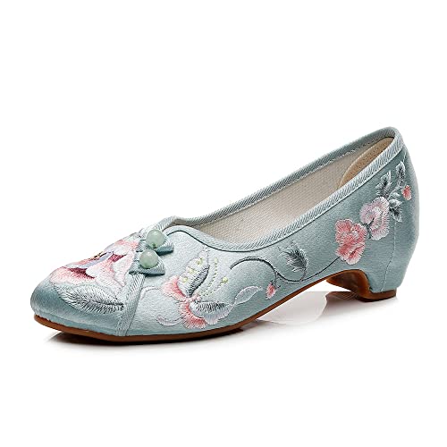 Floral Handmade Embroidered Shoes for Women Retro Classic Ballet High Heels Shoes Pointed Toe Slip On Comfortable Loafer Mary Jane Flats Cheongsam Shoes