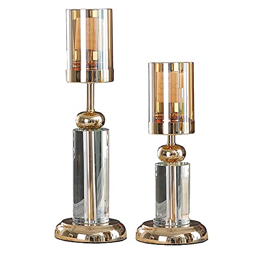 Pillar Candle Holder, Crystal Candle Stand, Set of 2, Wedding Dining Coffee Table Decor, Metal Base, Golden Candle Holders Center, for Gifts Living Room Anniversary Celebration