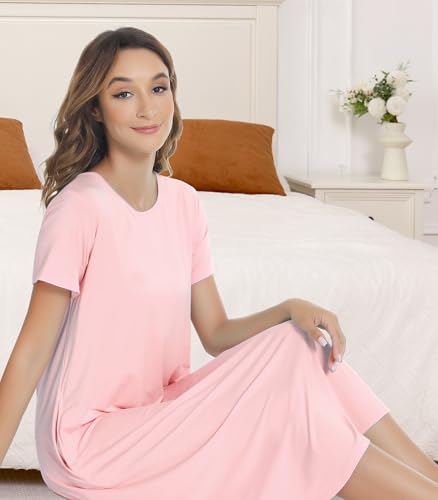 Image of NACHILA Nightgowns for Women-Viscose Made from Bamboo, Short Sleeve Nightshirts Cool Sleep Dress Long Sleep Shirt