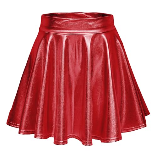 Damen Glänzend Höhe Taille Liquid Mini Rock Metallisch Elastische Taille A-Linien Pull On Skater Röcke (XL, Rot)