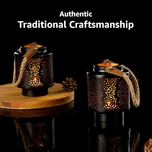Image of Amazon Brand - Solimo Tea Light Lantern - Round Mandala Design with Handle, Black Iron with Gold Interior, Set of 2 (Size: L-10 cm x W-10 cm x H-13 cm)