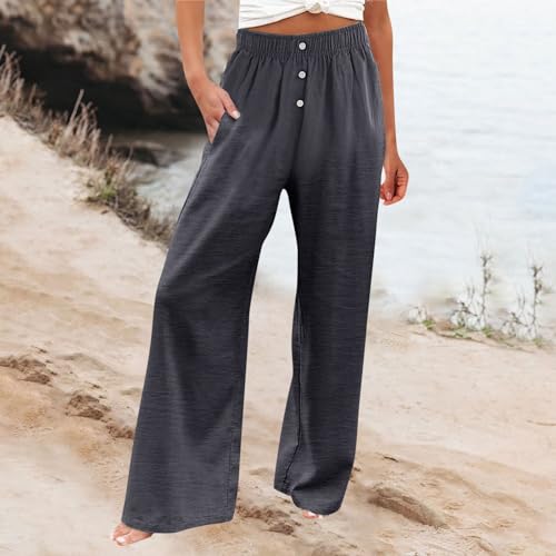 Generic Women's Cotton Linen Pants,Summer Wide Leg Casual Elastic Drawstring High Waist Palazzo Pants with Pockets2