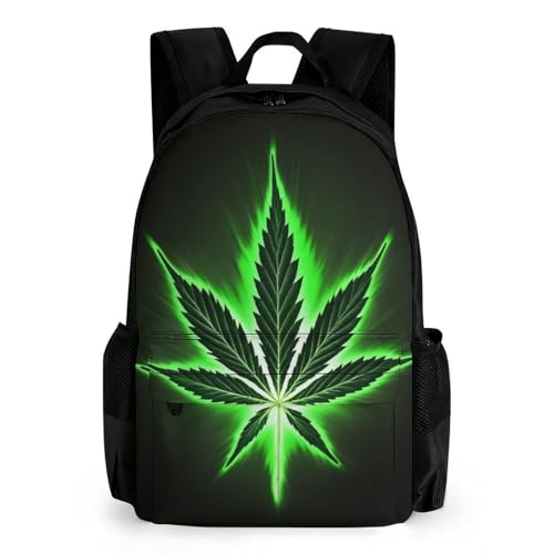 Backpack, Men Women Green Weed Leaf Leaves Black Casual Lightweight Daypack for Sports, Travel, Cute Reusable Shoulder Bag for Daily Use