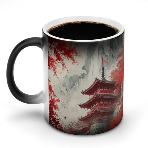 赤と白の日本風寺院絵画マグカップ 変色カップ 古代寺院 イラストアート コーヒーカップ 高級 おしゃれ 人気 誕生日プレゼント ギフト 贈り物 彼女 妻 友人 家族 愛する人への素敵なプレゼント バレンタインデー 結婚記念日 プレゼント 350ml
