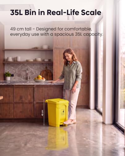 Image of pedal dustbin with lid, heavy duty plastic garbage bin, hands-free step-on waste bin for kitchen, office, home, hotel, bathroom & outdoor use