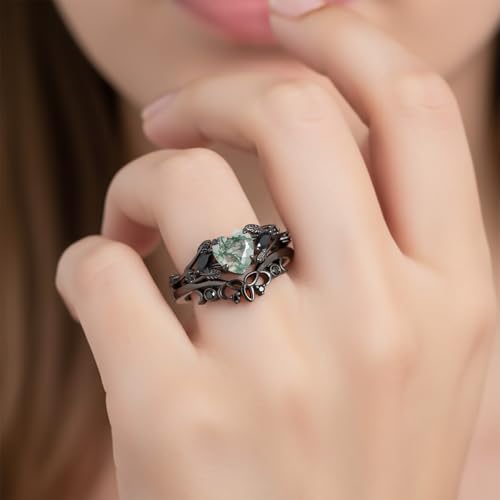 Black Moss Agate Wedding Ring Set 925 Sterling Silver /10k/14k/18k Gold Oval/Pear/Kite/Round/Heart for Women Ring Moss Agate Engagement Ring for Wife/Mother2