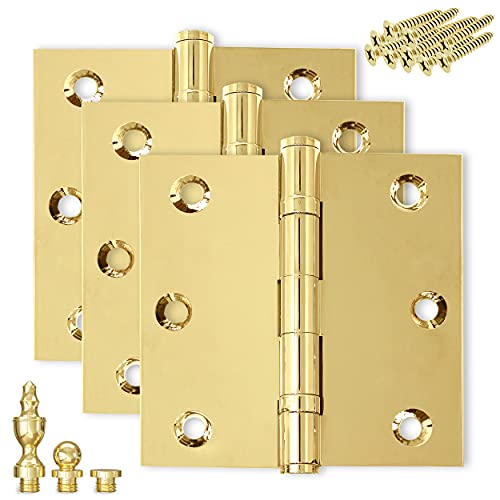 Finsbury Hardware Solid Brass Door Hinge Heavy Duty Ball Bearing Polished Shiny Gold 3x3 Inch with Decorative Screw-on Tips Included - Set of 3 Hinges (Polished Brass) Finsbury Hardware Solid Brass Door Hinge Heavy Duty Ball Bearing Polished Shiny Gold 3x3 Inch with Decorative Screw-on Tips Included - Set of 3 Hinges (Polished Brass)