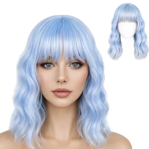 QyueQyat Bob Wig 1 Pcs 30cm Wigs Mermaid Costume Wig for and Sunglass Set Cosplay Events and Themed Parties for Women Women Light Blue Blue
