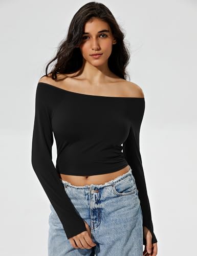 ZeroBound Built in Shelf Bra Off Shoulder Tops - Long Sleeve Off Shoulder Crop Shirts for Women, Basic Going Out Tops2