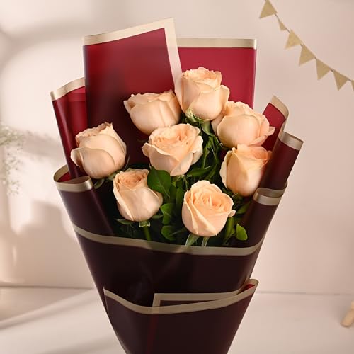 Image of FlowerAura Premium Fresh Live Flower Bouquet of 8 Peach Roses In Designer Paper Gift For Birthday | Anniversary | Love | Home Decor | Fathers Day Gift For Dad (Same Day Delivery)