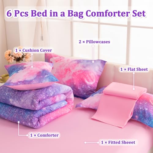 Image of Galaxy Girls Twin Bedding Set, 6 Pcs Twin Szie Comforter Set with Sheets, Glitter Pink Purple Bedding Set for Girls Kids