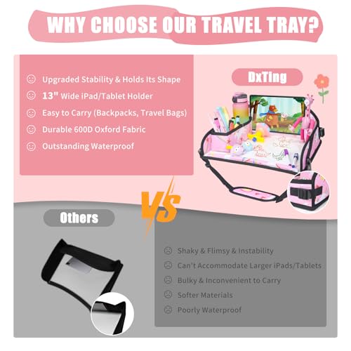 Image of Kids Travel Tray for Car Airplane - Car Seat Tray for Kids Travel, Toddler Carseat Lap Table, Road Trip Essentials, Lap Desk for Kid Roadtrip Activities, Pink Unicorn