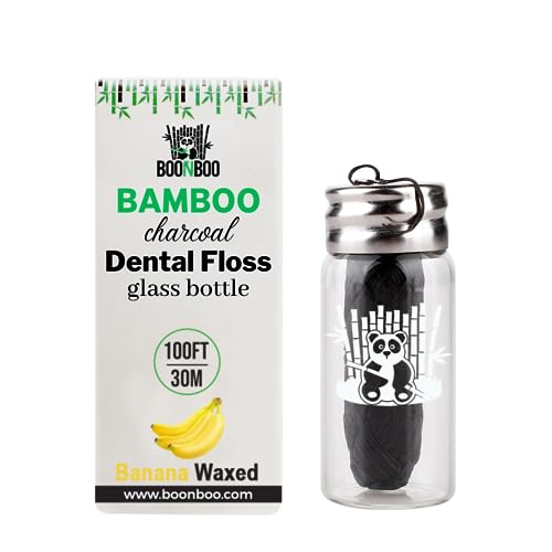 Boonboo Hilo dental | Fibra tejida de bambú de 100 pies/30 m | Sabor de menta | Botella de vidrio y tapa de corte | Biodegradable y sostenible (plátano)