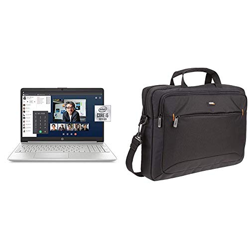 HP 15-Inch FHD Laptop, 10th Gen Intel Core i5-1035G1, 8 GB RAM, 256 GB Solid-State Drive, Natural Silver with AmazonBasics 15.6-Inch Laptop Computer & Tablet Shoulder Bag Carrying Case, Black