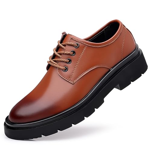 Men's Leather Lace Up Platform Oxfords Brown Round Toe Chunky Heel Lug Sole Heightening Soft Bottom Derby Casual Shoes Classic Work Office Business Dress Shoes