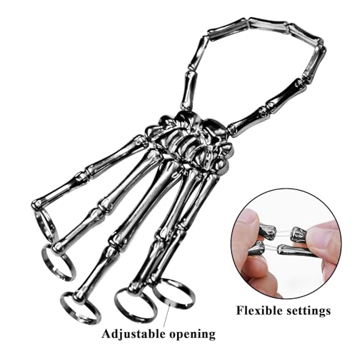 Aerbee Skull Skeleton Hand Bracelet, 2Pcs Couple Punk Metal Skull Skeleton Hand Bracelet Ring, Unique Exaggerate Style Claw with Adjustable Fingers Wristband for Men Women Party Halloween Cosplay3
