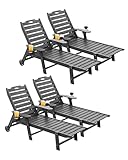 Carauci Lounge Chair Outdoor Set of 4, HDPE Chaise Lounge with Wheels, 5-Position Adjustable Backrest & 2 Cup Holders Patio Lounge Chair, All-Weather Pool Sun Lounger for Poolside, Backyard, Black
