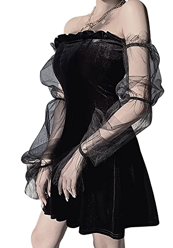 Goth Retro Court Spitze Laterne Langarm Hollow-Out O Neck Pure Black Temperament Samt Midi Kleid, Schwarzes Kleid, Medium