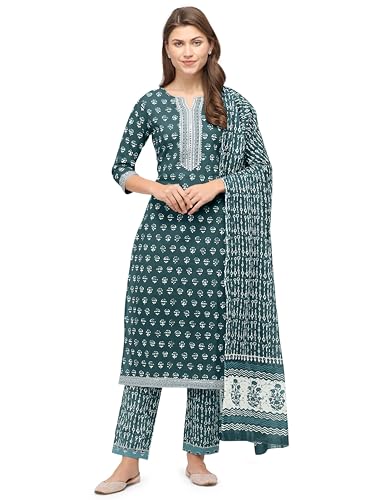 Image of MIRCHI FASHION Pure Cotton Straight Kurta Set with Dupatta | 3 Piece Ethnic Kurta Pant Set Office Wear Salwar Kurta Set for Women