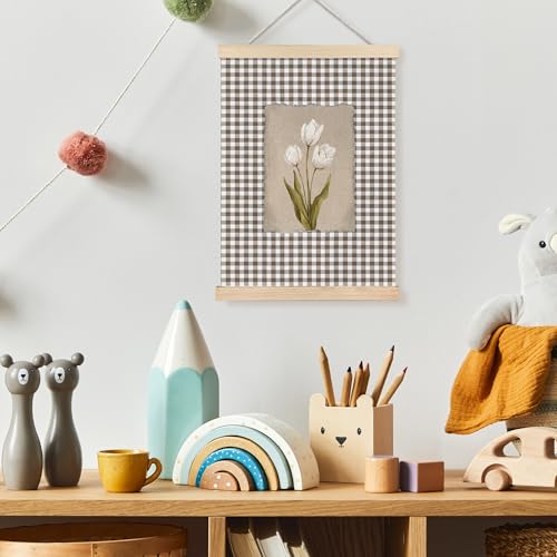 Image of PQKIY Vintage Farmhouse White Tulip Wall Art Poster Hanger Frame 12x16 in, Cottagecore Botanical Flower Brown Gingham Wall Decor Canvas Prints for Home Bedroom Living Room