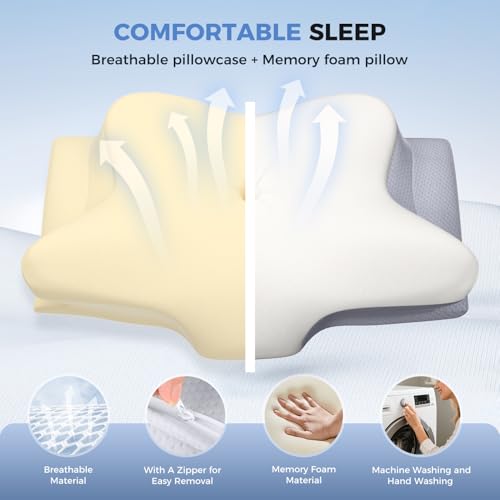 Cervical Neck Pillow, Memory Foam Pillows for Neck and Shoulder Pain Relief, 2 Heights Ergonomic Pillow with Breathable Ice Silk Cover, Neck Support Pillow for Side Back Stomach Sleepers, Odorless