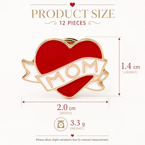 Image of LUOZZY 12pcs Mom Heart Pins Red Enamel Love Brooches for Mothers Day | Eye-Catching Red Heart Mom Enamel Pins For Birthday Parties