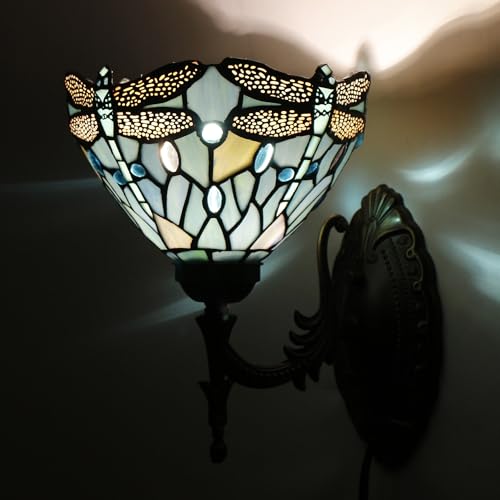 Image of Tiffany Wall Sconce Lamp Stained Glass 8X10.5X11 Inch Plug in Wall Bedside Light for Hallway Bedroom (Sea Blue Dragonfly Style)