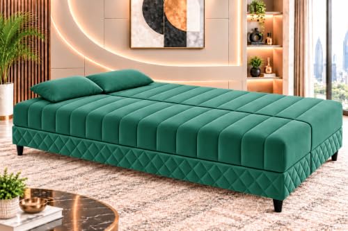 Image of 3-Seater Velvet Sofa Cum Bed | Tufted Convertible Sleeper Sofa | Plush Cushioned Seating | Space-Saving Design for Living Room, Bedroom & Office | Green