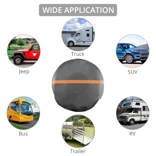 Image of Justech 4 Pack Tire Covers, Heavy Duty Vinyl Waterproof Coating Wheel Covers, Windproof Tire Wheel Protector Tire Accessories for RV, Truck, Trailer, SUV, Jeep, Fits Tire Diameter 27-29 inch, Grey
