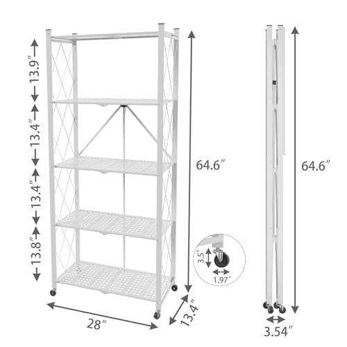 Image of 5-Tier Folding Shelf with Wheels No Assembly Portable Shelves | Suitable for kitchen, bedroom, living room, garage,64.6*28*13.4in