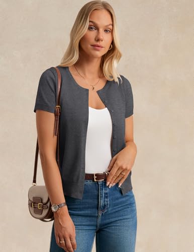 Image of GRACE KARIN Women Short Sleeve Cardigan, 2026 Summer Knitted Sweater Tops, Basic Crew Neck Crop Outfits
